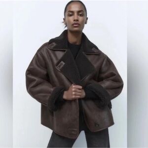 Zara Brown Faux-Leather Shearling-Trim Oversized Jacket